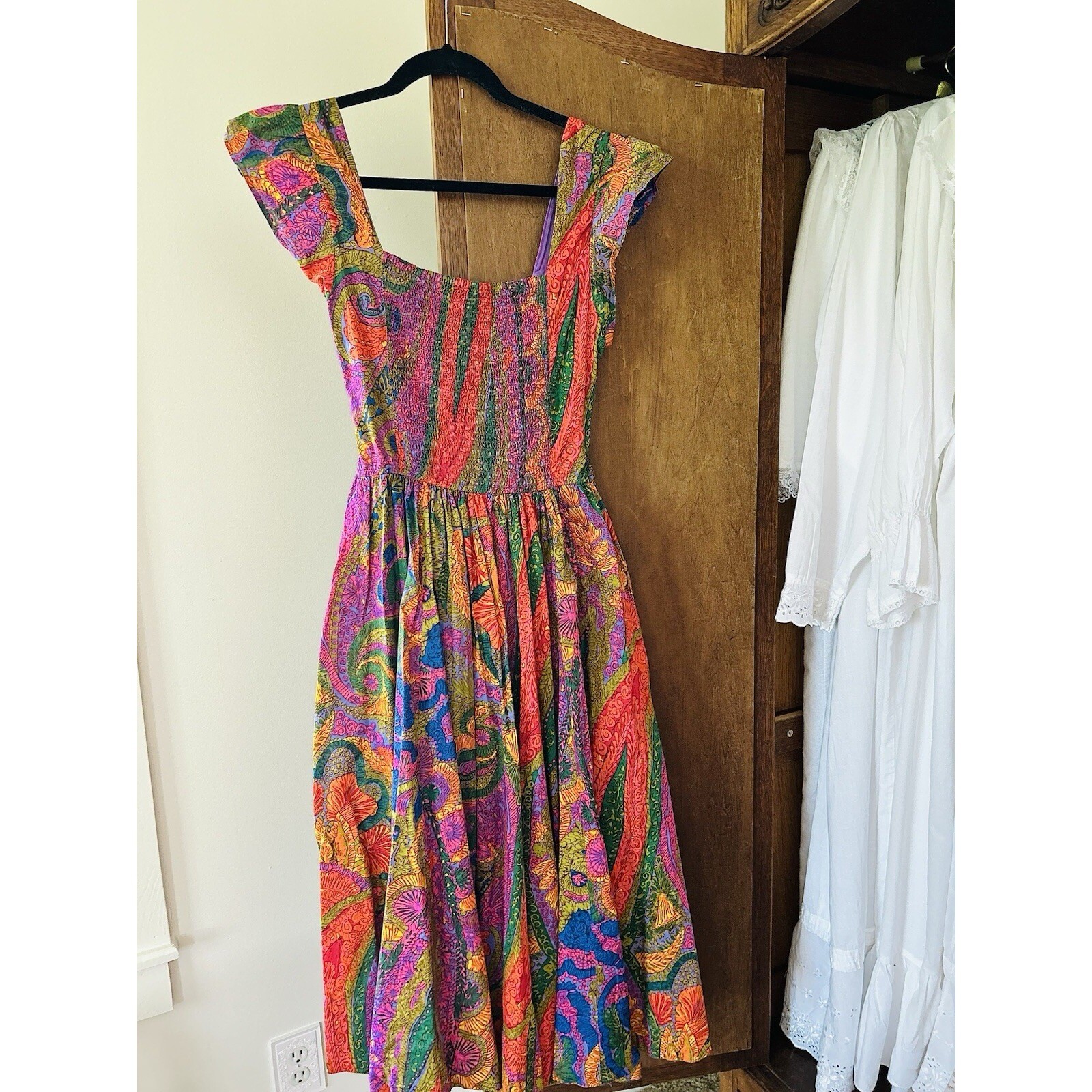 House of Harlow Colorful Paisley Dress Smocked Open Back Cotton XS