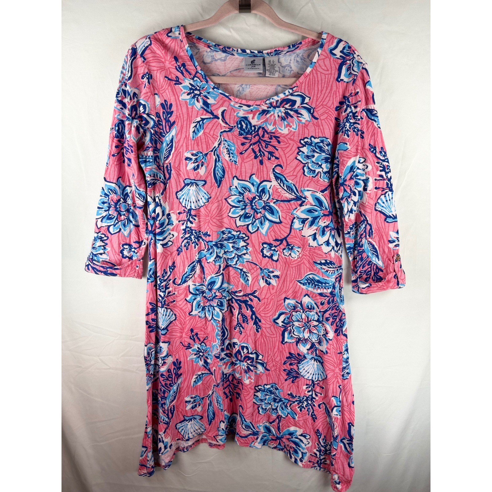Caribbean Joe Womens Pink Blue Floral Seashell Sharkbite Hem 3/4 Sleeve dress S