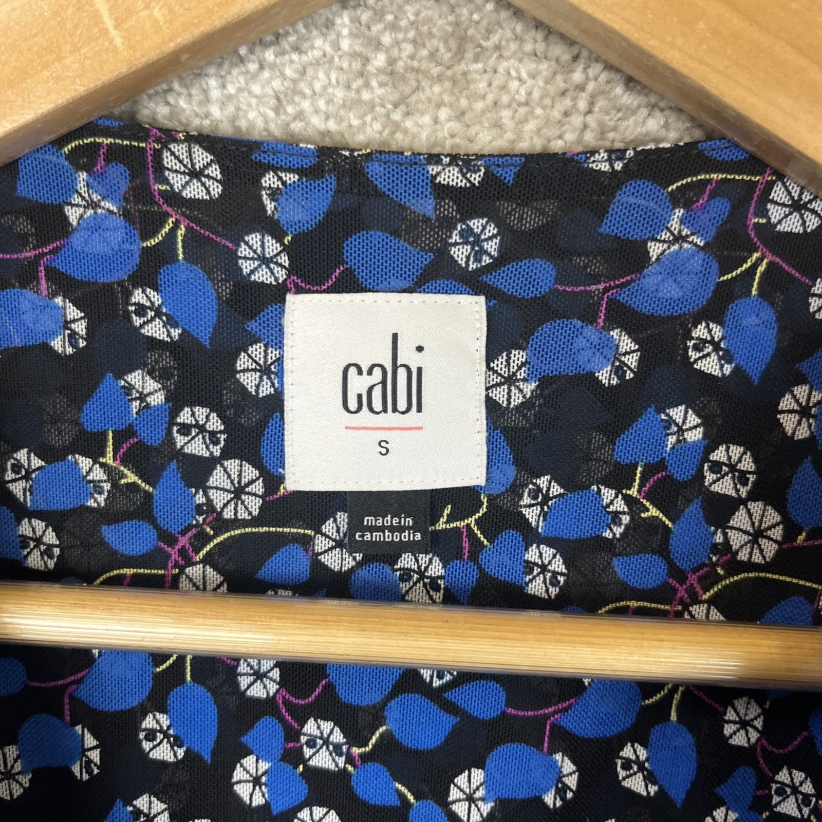 Cabi Dress Womens Small Blue Black Floral Long Sleeve Ruched Boho Fall- 3591