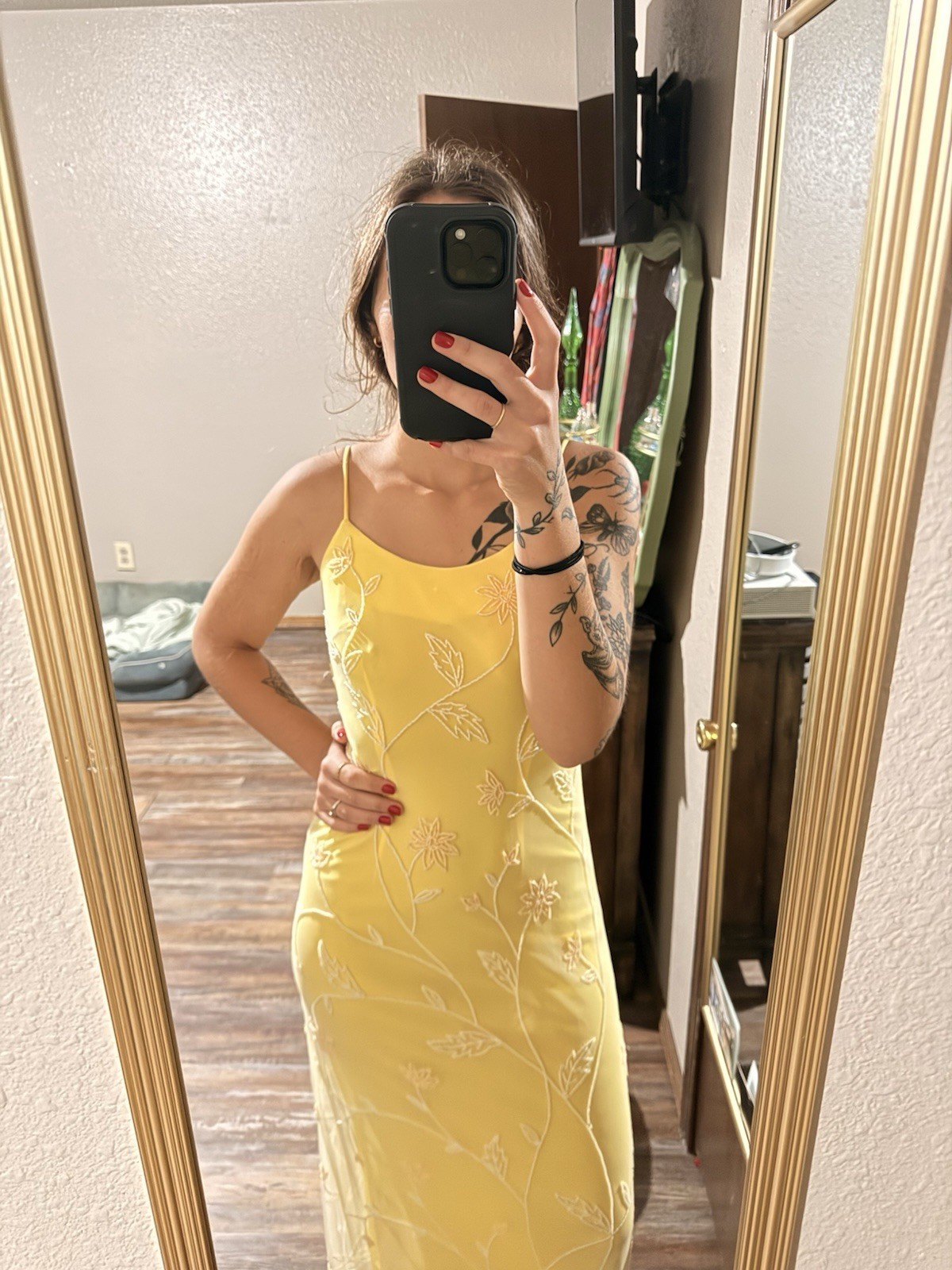 Cassandra Stone Butter Yellow Embroidered Floral Mesh Maxi Dress Formal Gown