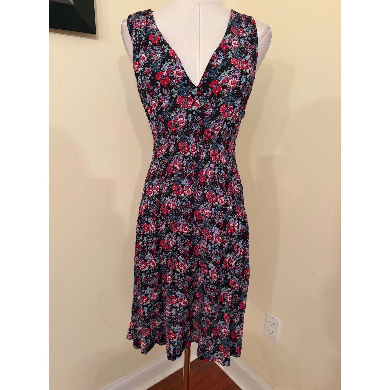 Maje Lolita Floral Smocked V-Neck Mini Dress Multicolor Viscose Size 2 M