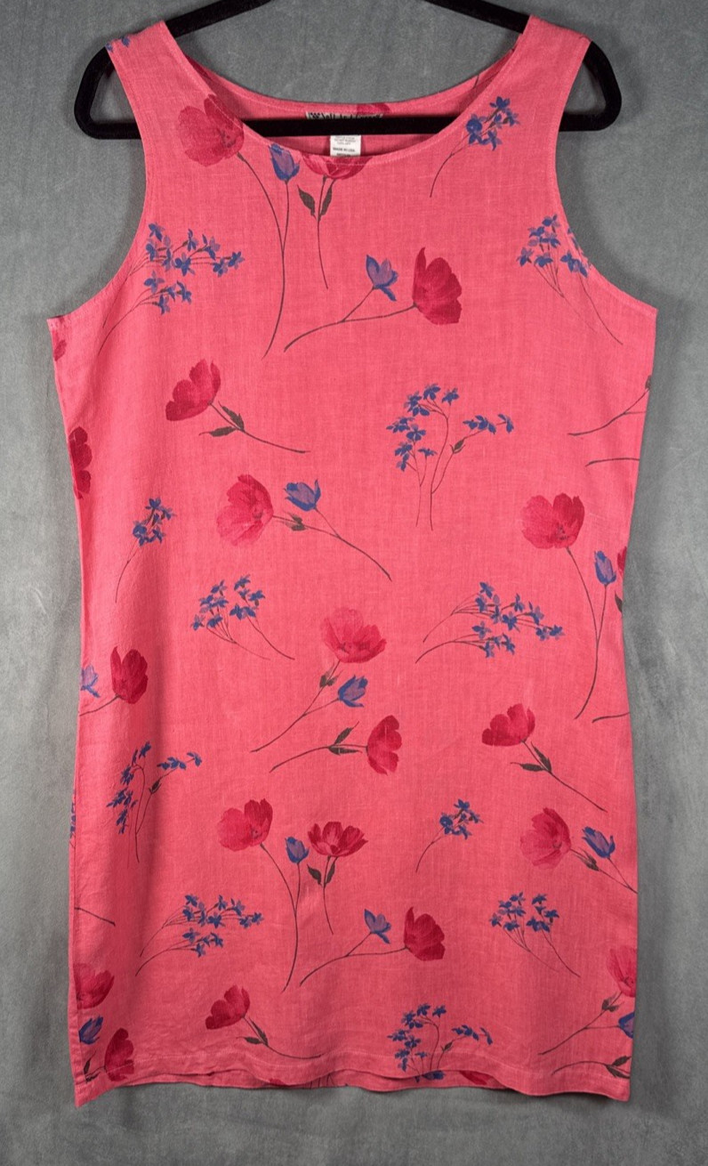 Soft As A Grape Floral Sleeveless Linen Shift Dress Pink Poppy 100% Linen Size M