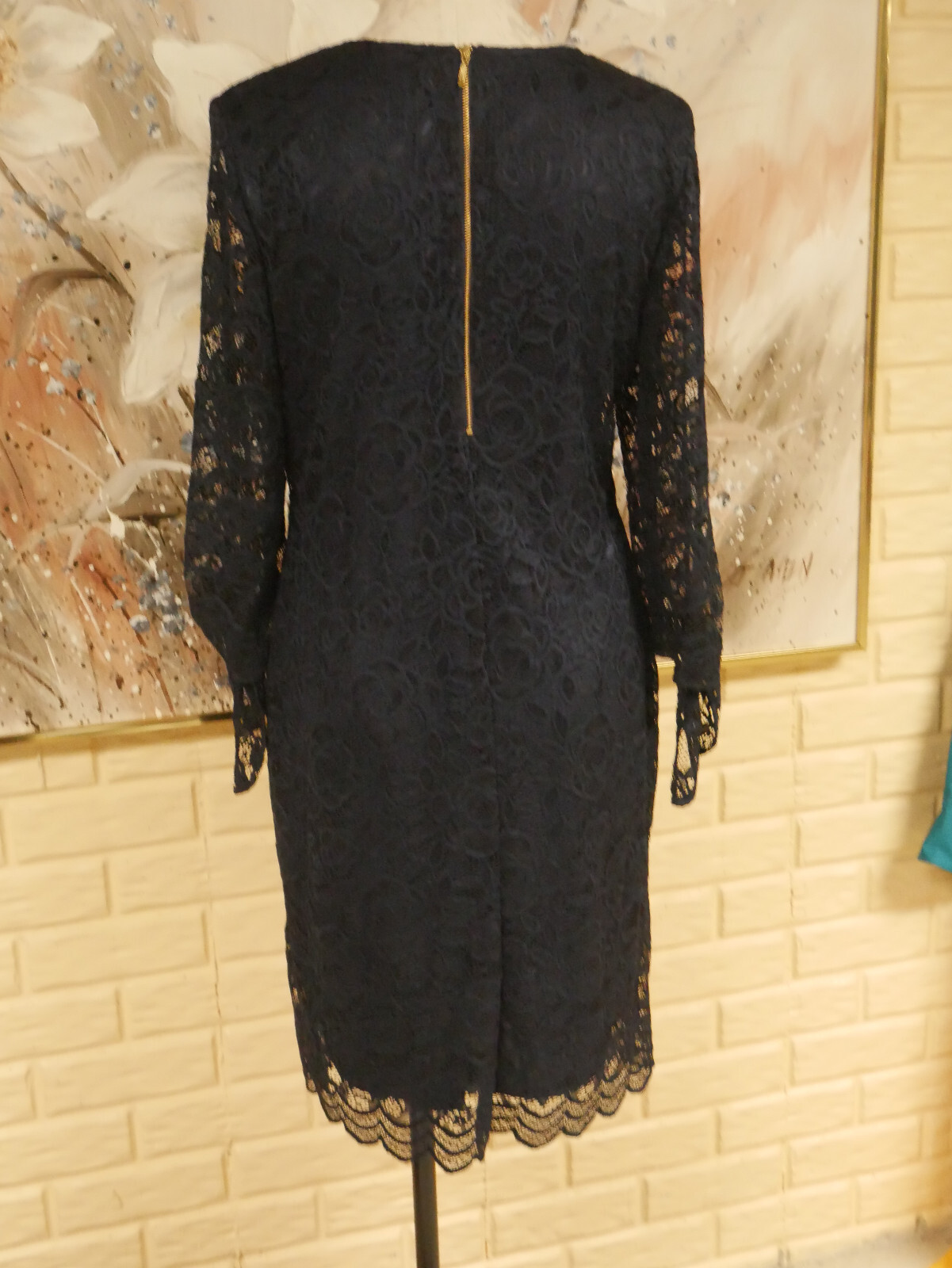 EUC ELEGANT LIZ CLAIBORNE SZ 10 BLUE LACE DRESS SHEER 3/4 SLEEVES / BOTTOM TIES