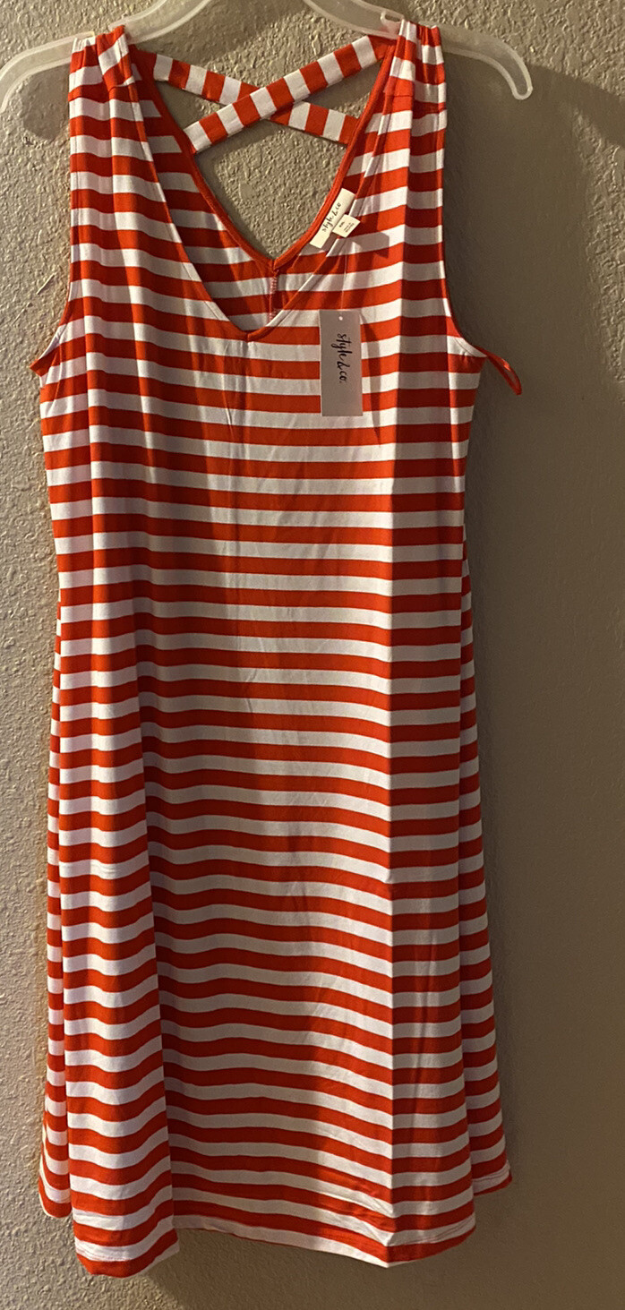 red striped dress size xl polyester Spandex knee length criss cross back