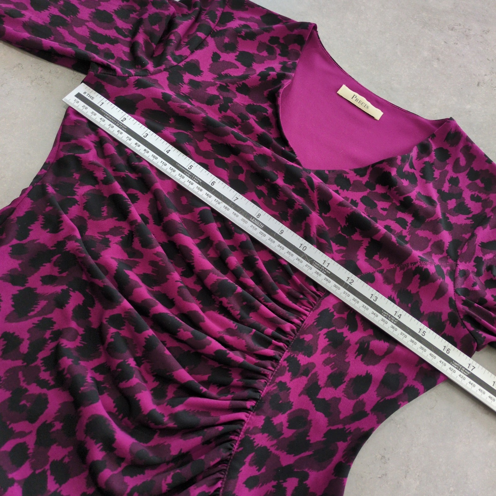 Precis Size 10 Purple Leopard Print Faux Wrap Dress 3/4 Sleeve