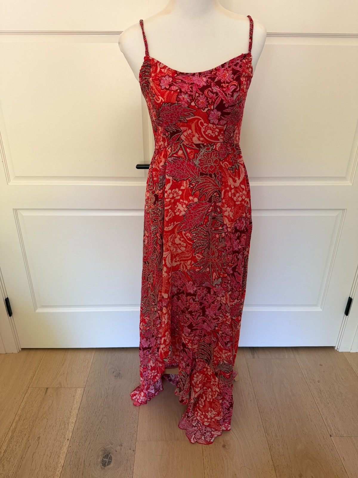 Free People Forever Yours Smocked Slip Maxi Dress Size S Red Floral Sleeveless