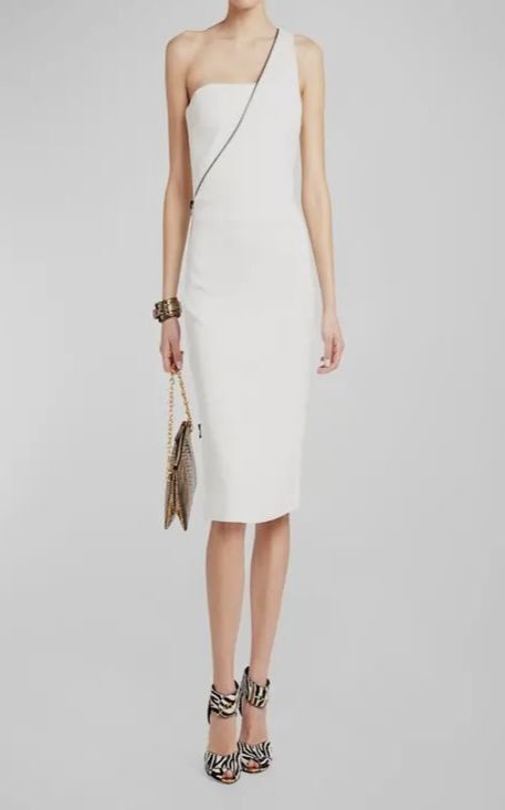 Tom Ford Women’s White Silk Side Zipper One-Shoulder Sheath Dress Size 44