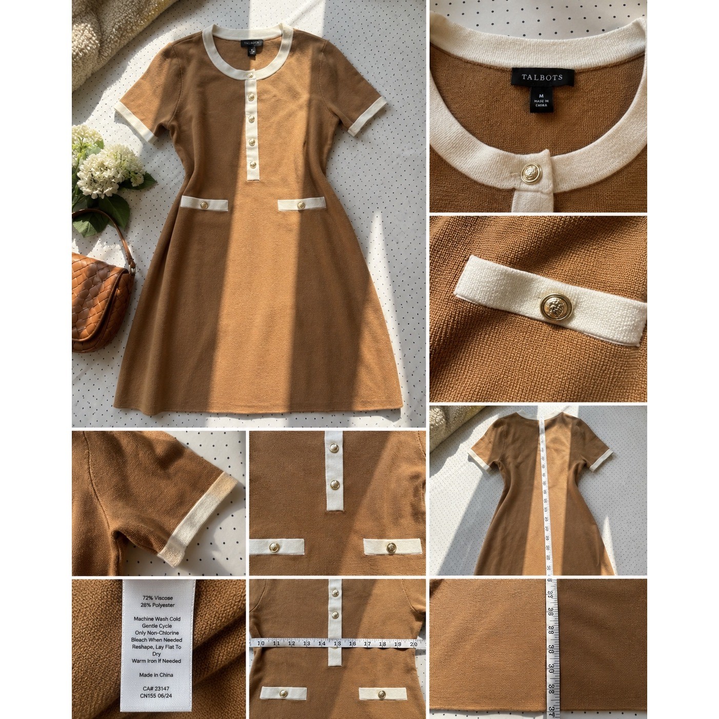 Talbots Camel Knit Sweater Dress Gold Button Old Money Preppy Midi Brown Medium