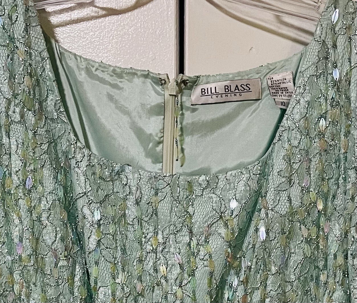 Vintage Bill Blass Mint Green Beaded Sequin Dress Pleated Size 10