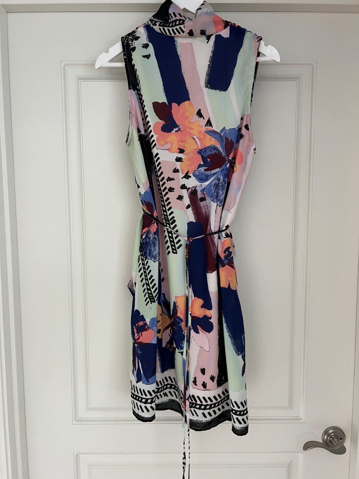 Bar III Women’s Large Sleeveless Floral Faux Wrap Dress Pink Blue Lined Pockets