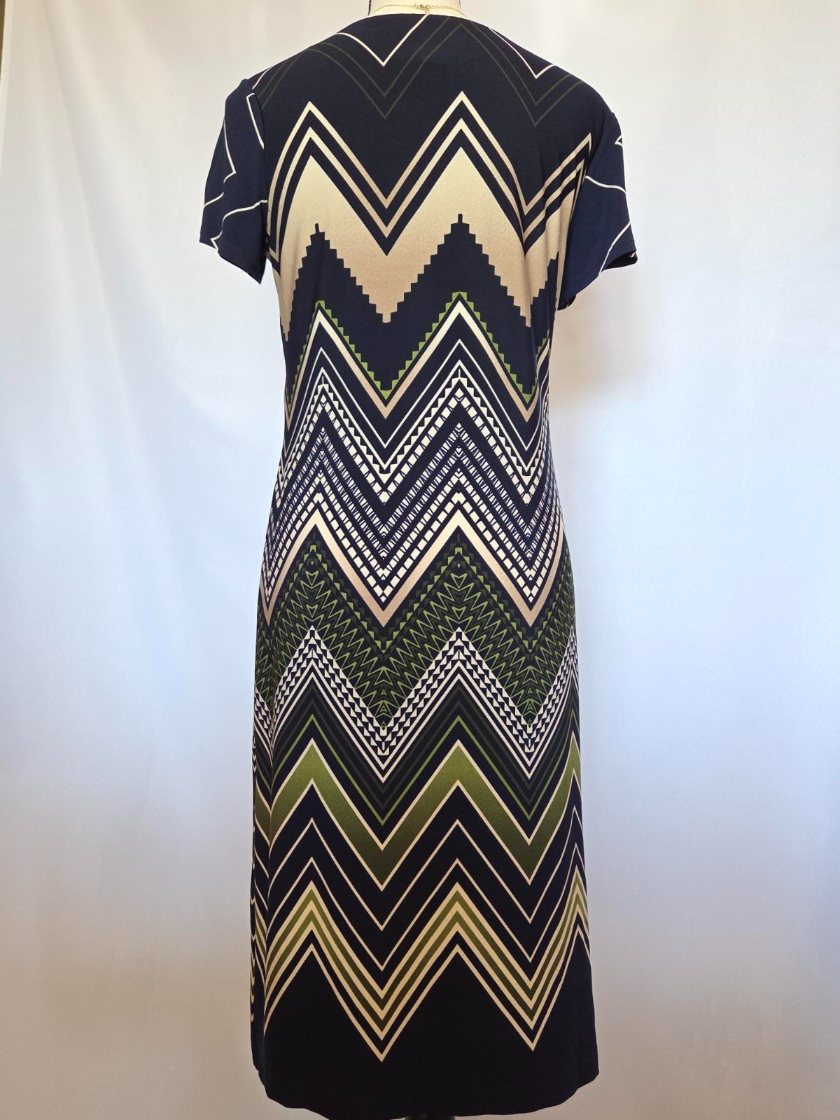 Perceptions Navy and Green Beige Chevron/Zigzag Ruched pattern S Dress