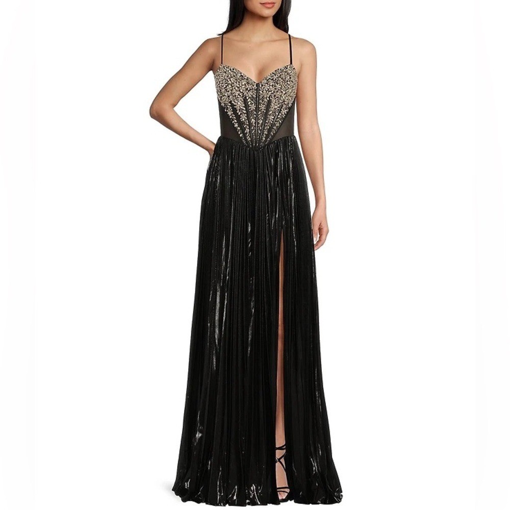 $600 Jovani Metallic Sweetheart Neck Beaded Corset Bodice A line dress prom 4