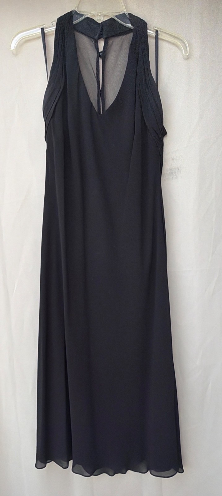Black Sleeveless Chiffon Dress With Sheer Back & Tiered Ruffle Accent Mid-Length