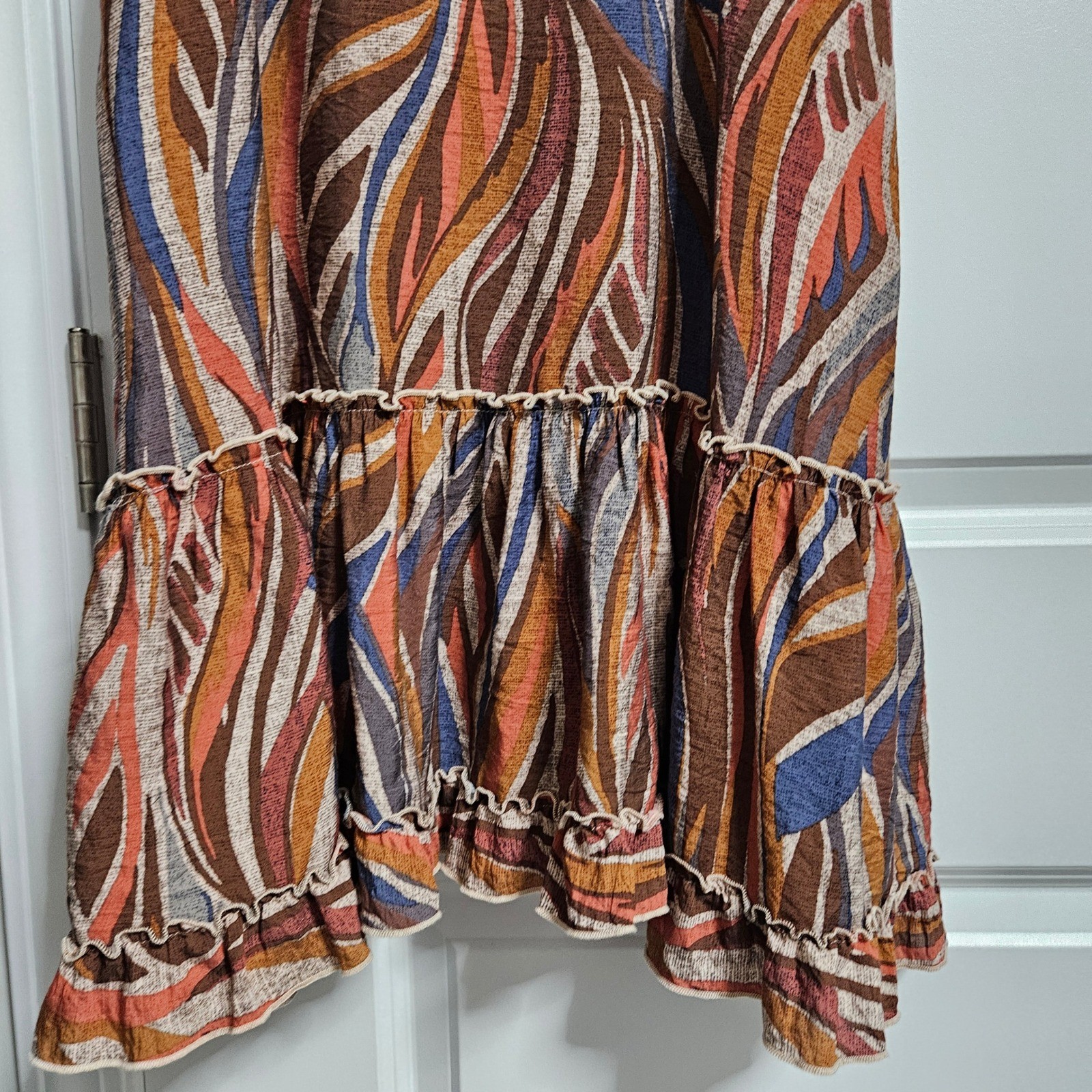 Boho Mini Robbie Bee Dress Womens Sm Multi Abstract Leaf Ruffle Hem Off Shoulder