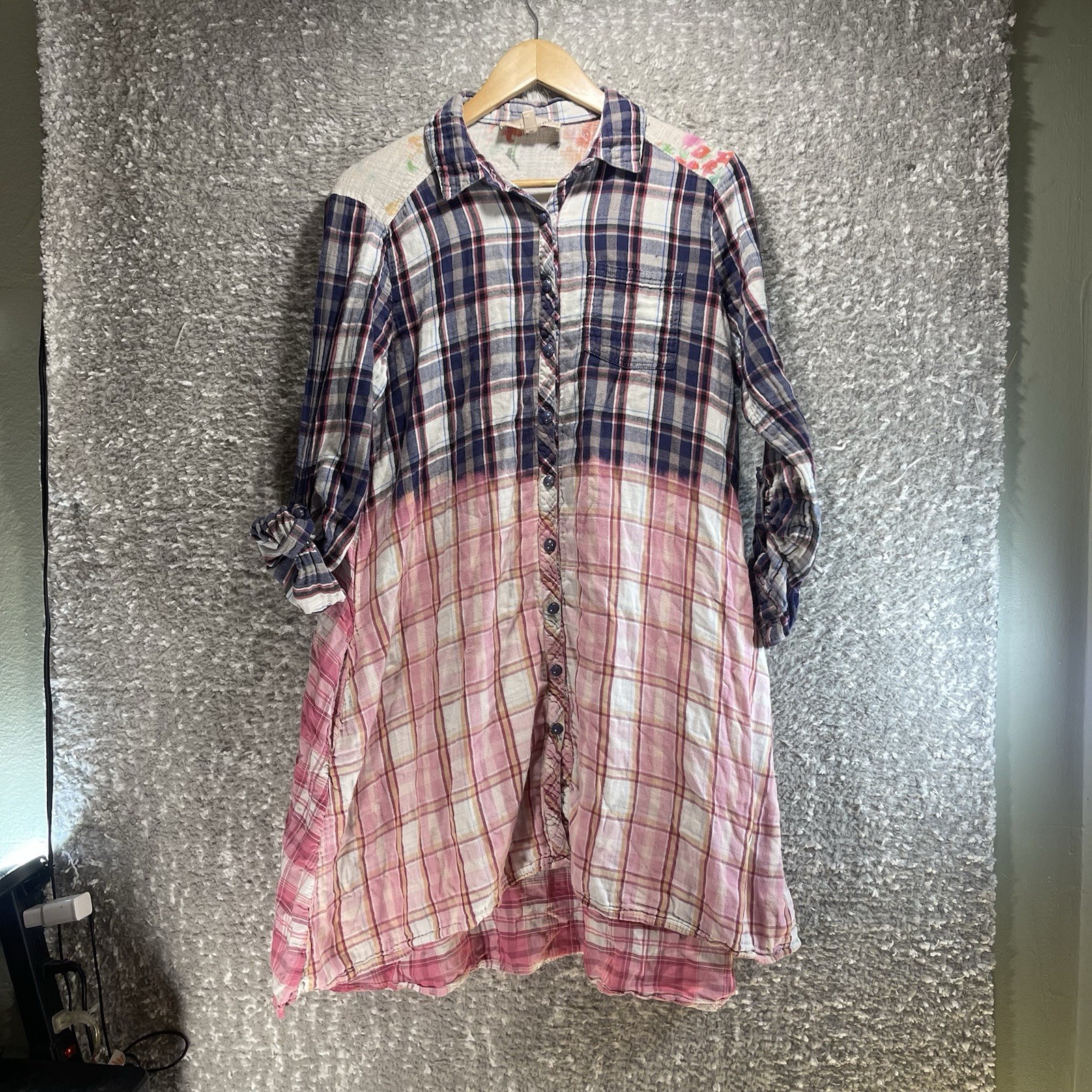 Philosphy Floral Embroidered Plaid Dress Roll Tab Sleeve M Cowgirl Festival