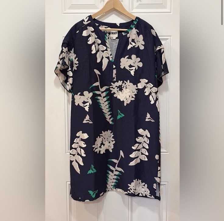 Anthropologie WHIT Silk/Linen Temple Dress in Botanical Print Navy Blue Size L