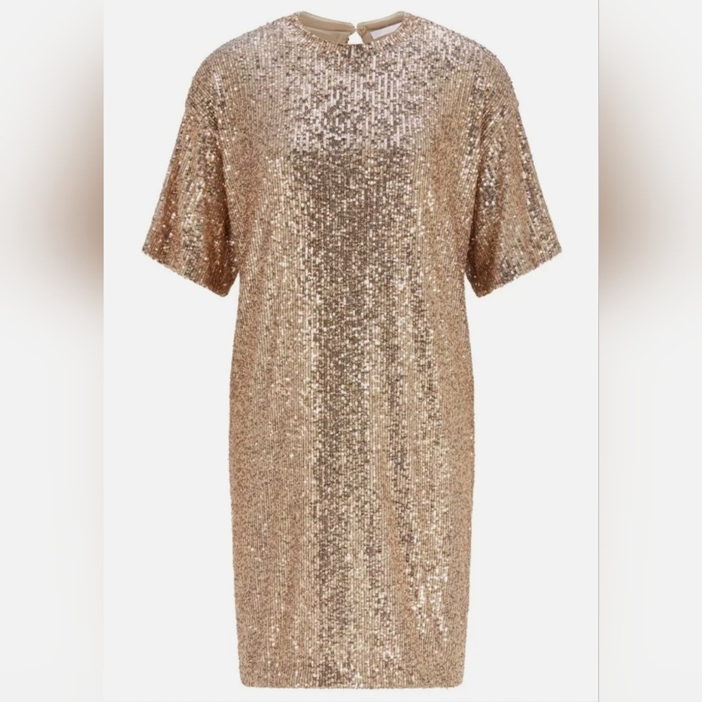 NWT Boss by Hugo Boss C Esenni Gold Sequin Mini Shift Dress Women’s Size Small