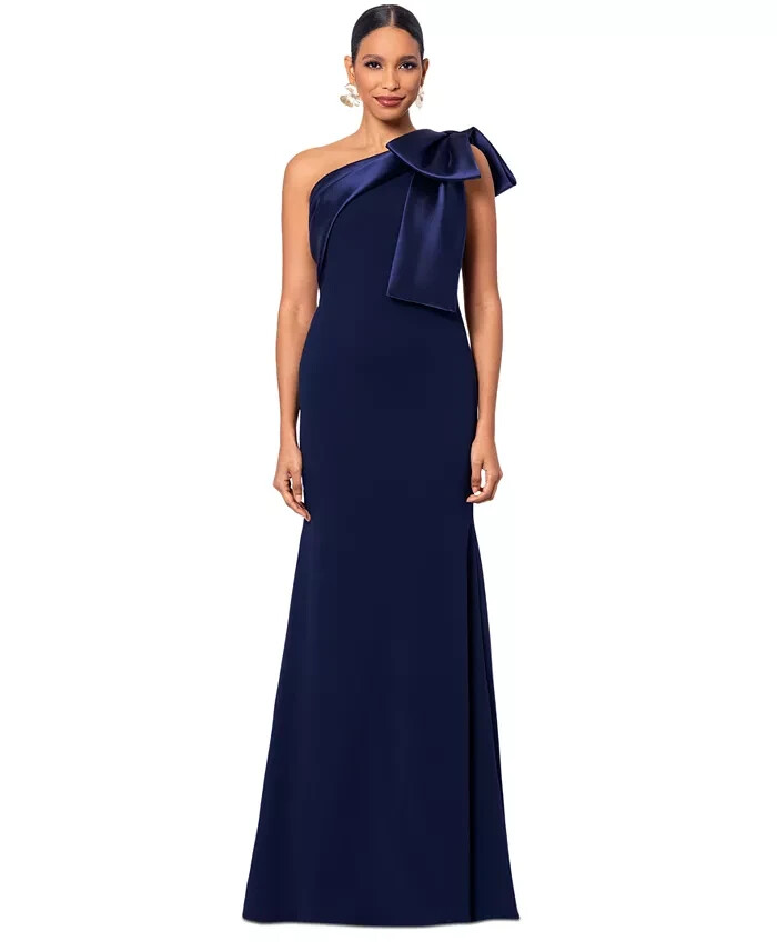 Betsy and Adam Navy Blue Bow One-Shoulder Crepe Mermaid Gown Size 10 $269