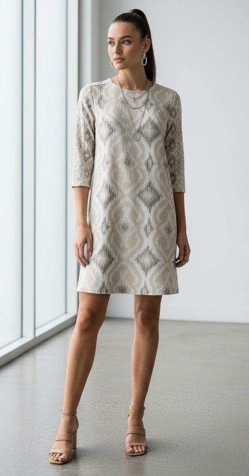 Gretchen Scott Shift Dress Sz S Pockets 3/4 Sleeve Stretch Nuetral Ikat UPF 50+