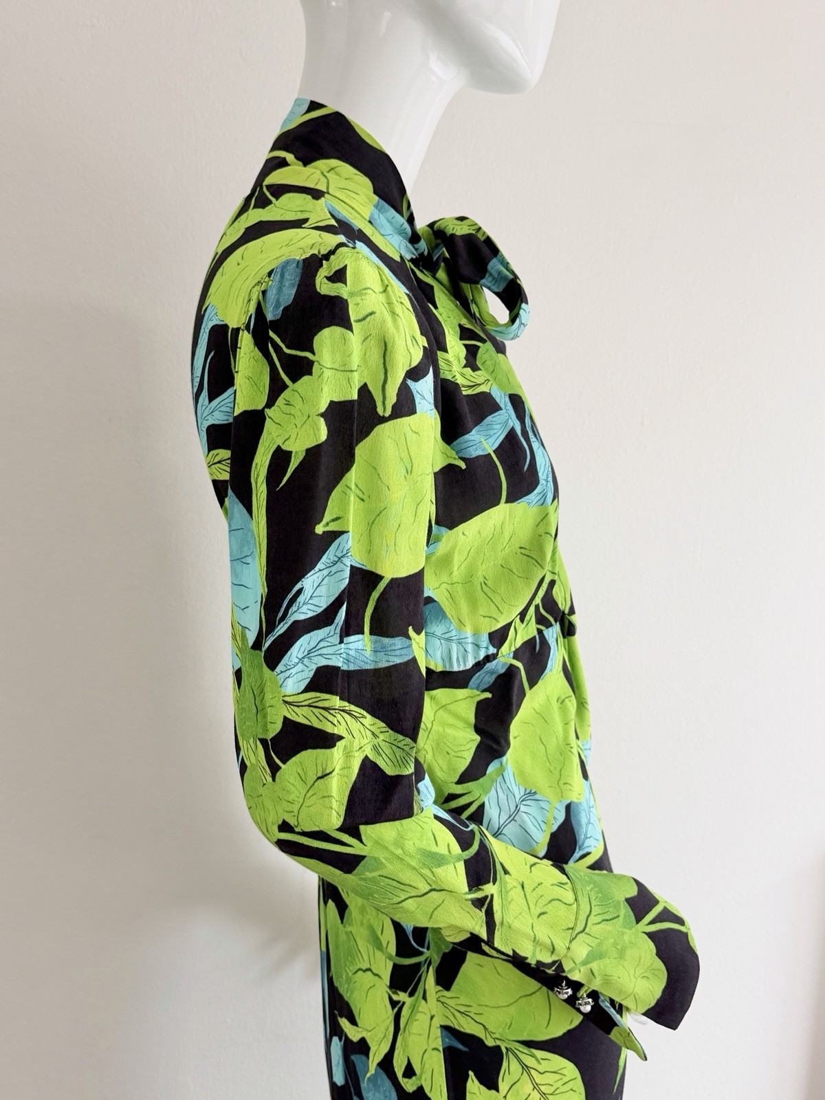 Husk Maxi Dress Green Black Leaf Rare Print Long Sleeve Pussy Bow Size AU 8 S