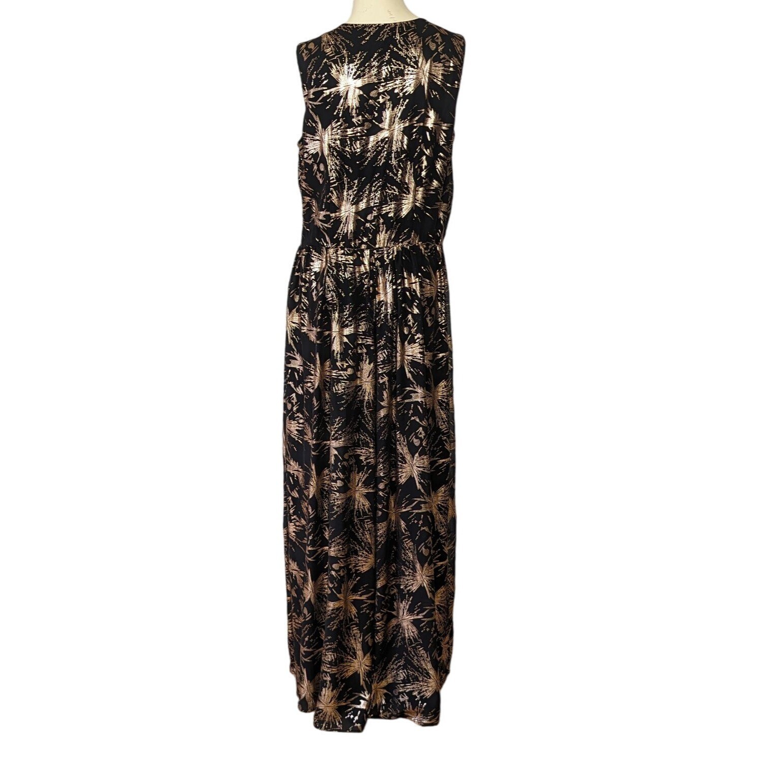 MAIA sleeveless V neck black and rose gold abstract splash print Maxi dress 10
