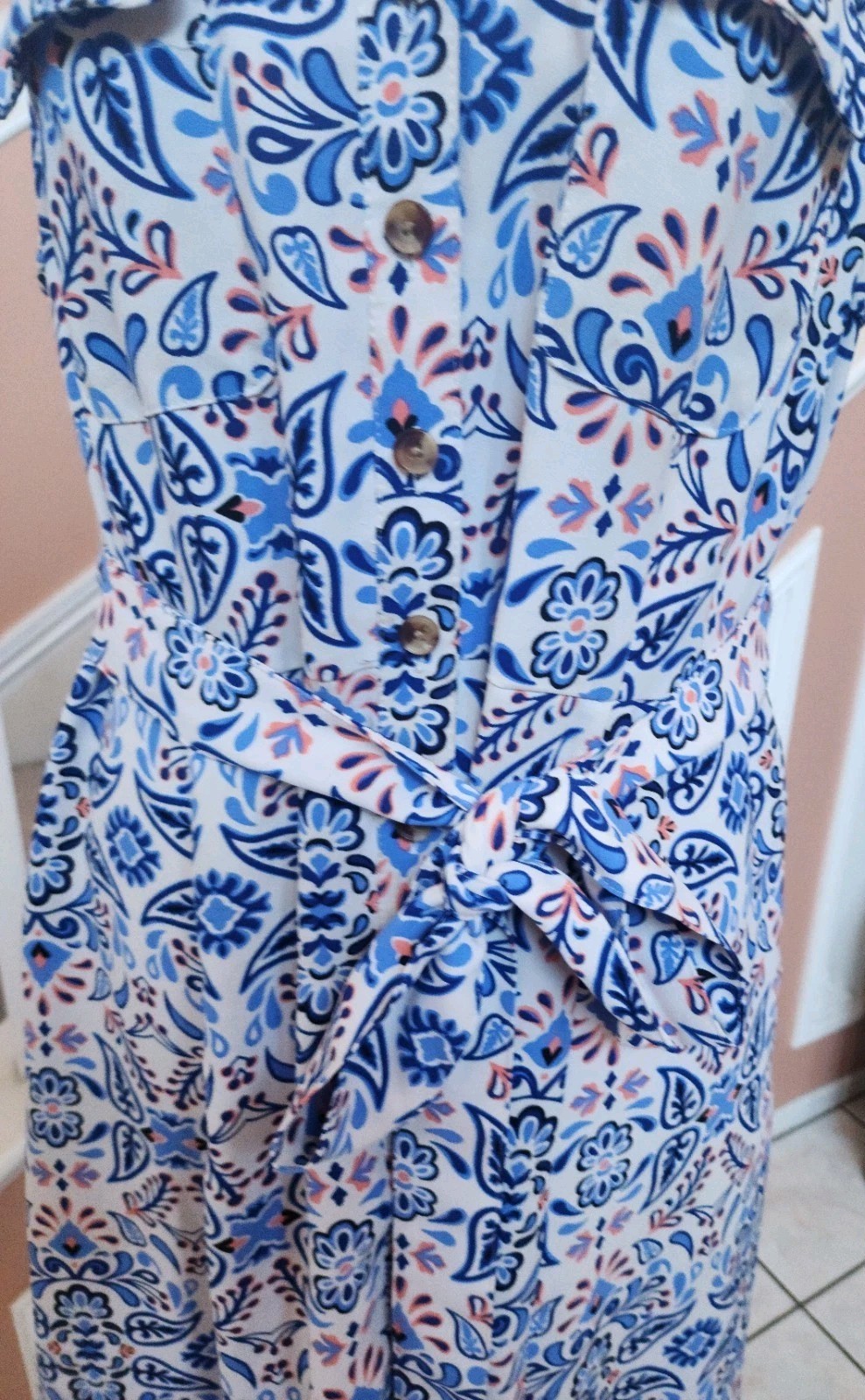 NWOT CROFT & BARROW Blue Floral Notch Neck Belted Sleeveless Shirt Dress Sz PXL