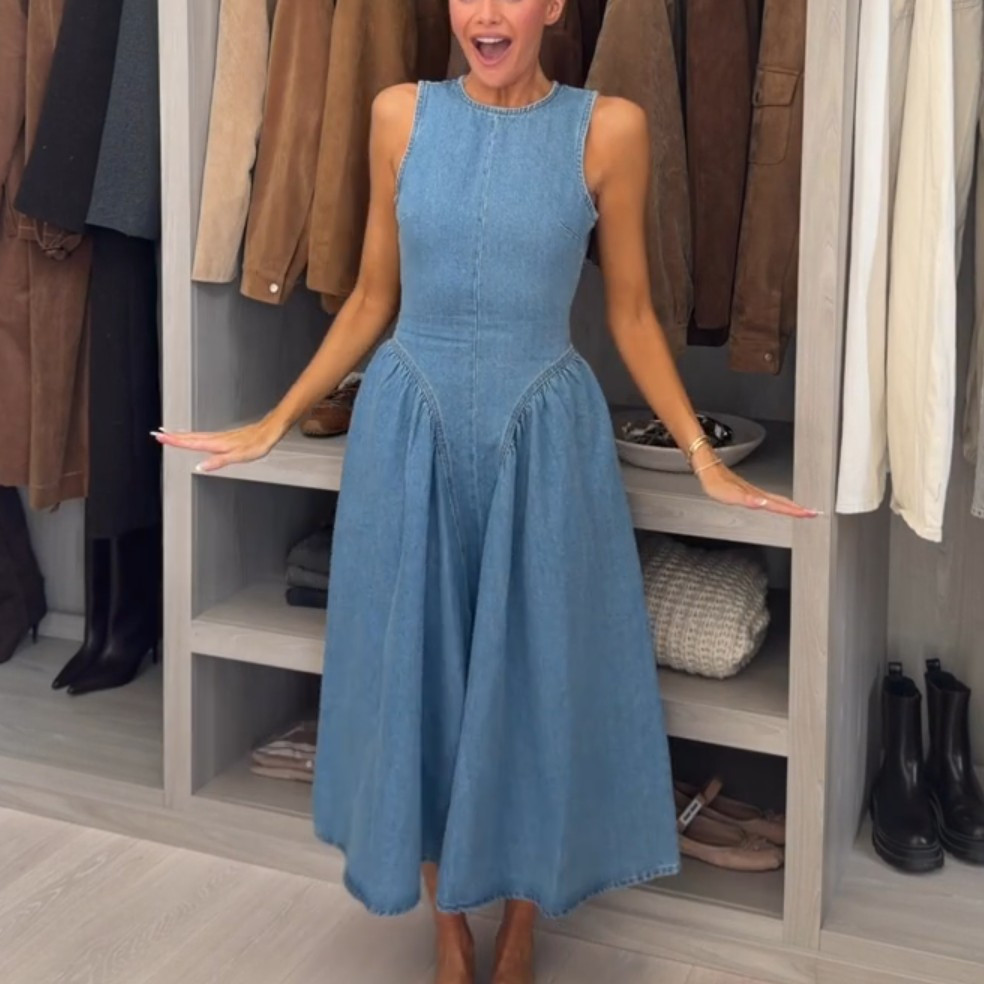 NWT H&M Open-back 100% Cotton Denim Dress Denim Blue 1310170003 Sizes M, XL