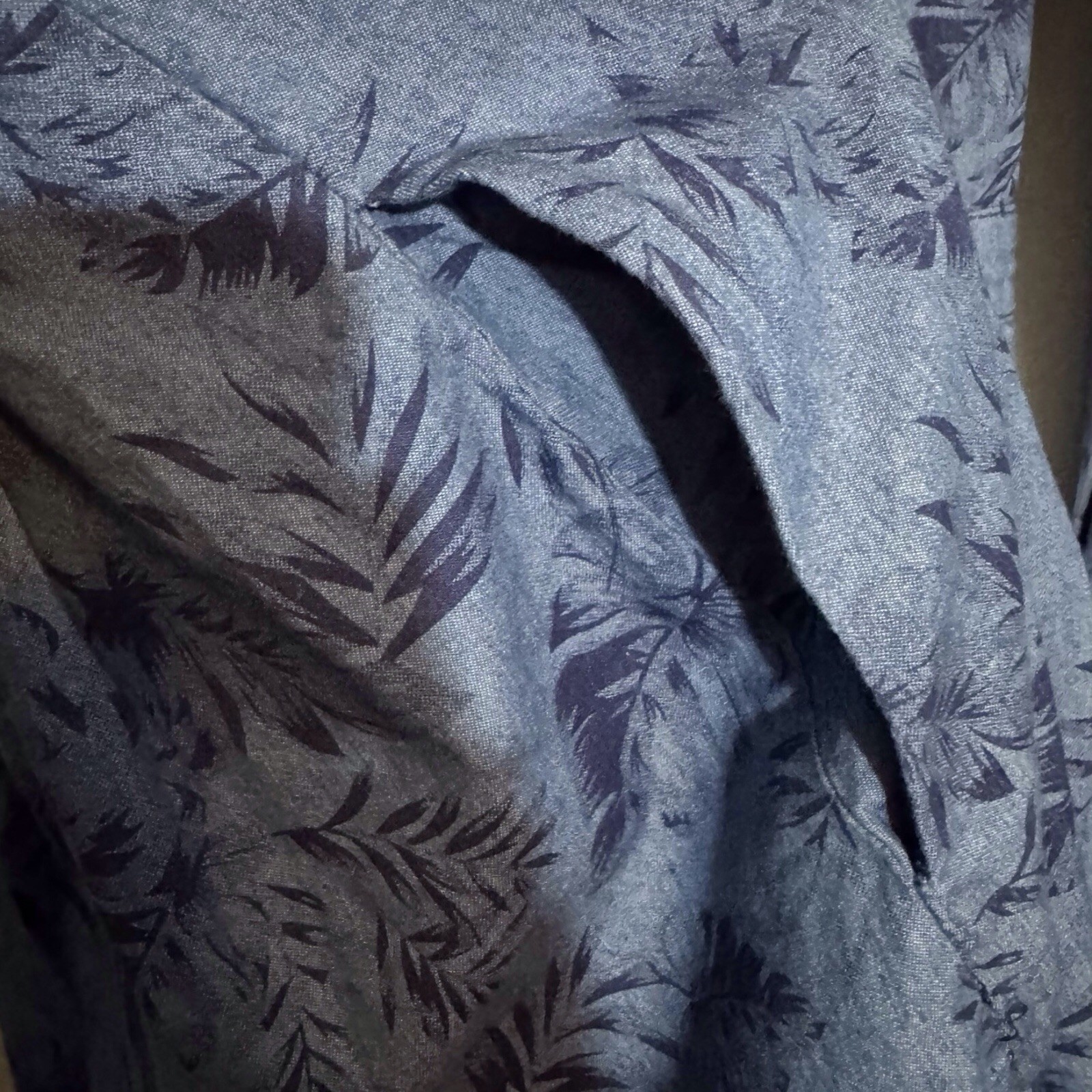 ModCloth Medium Blue Chambray Tropical Leaf Shirt Dress Cotton Button Up Pockets