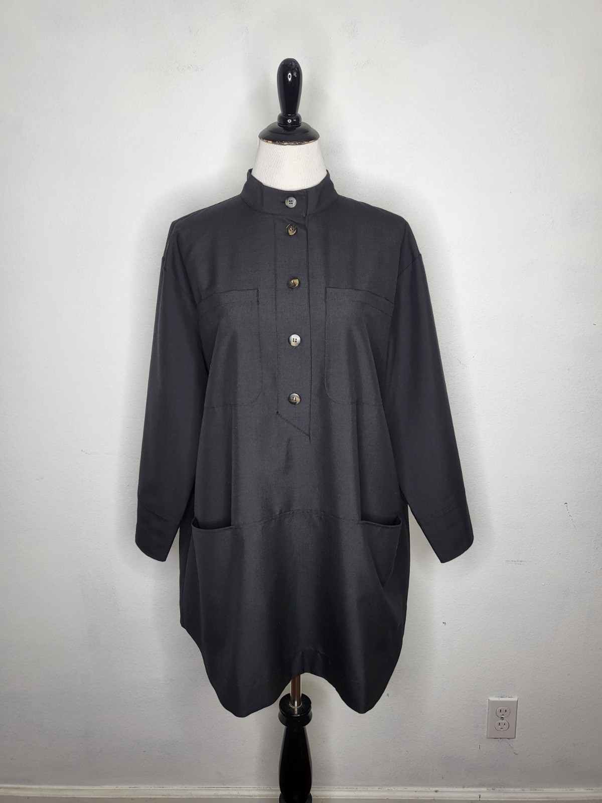 SEZANE Salome Mini Shift Dress Wool Blend Half Button Black Women IT/40 US/8 NWT