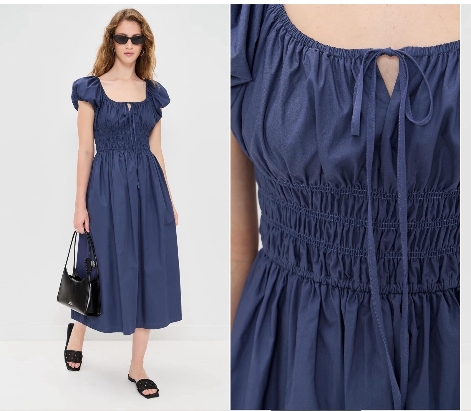 o.p.t Louisa Blue Midi Dress Smocked Bodice Puff Sleeves Cotton XL