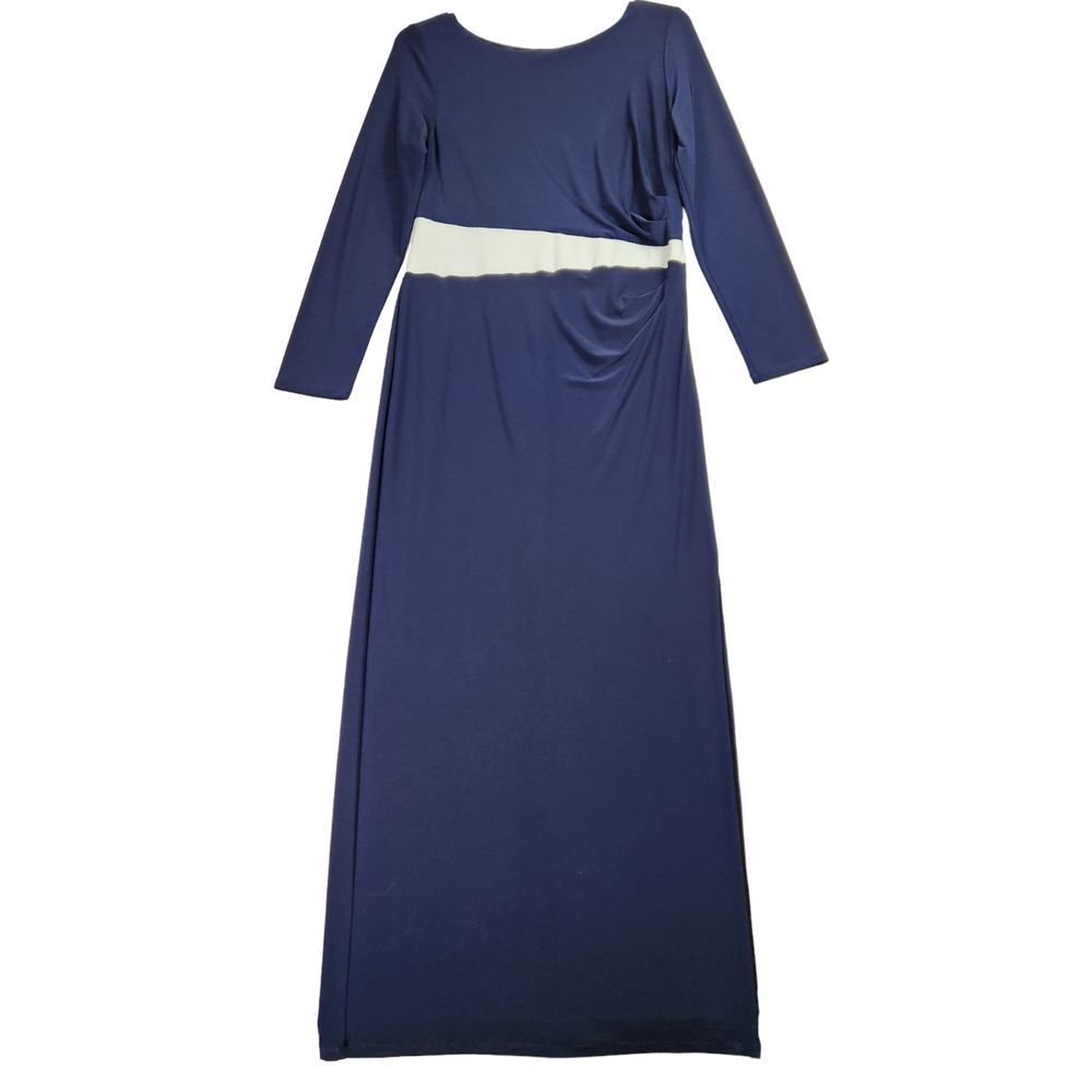 Lauren Ralph Lauren Maxi Dress 16 Blue White Ruched Long Sleeve Evening Formal