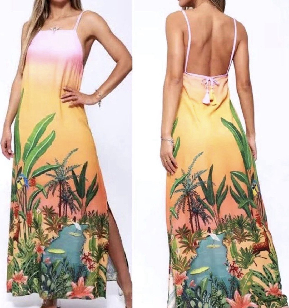 FARM Tropical Paradise Tassel Tie-Back Maxi Dress Woven Viscose – S