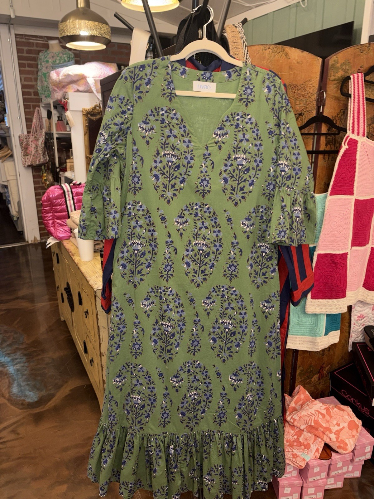 LIVRO Maxi Sundress Green Boho Floral Print Lined 3/4 Sleeve V Neck Women’s S