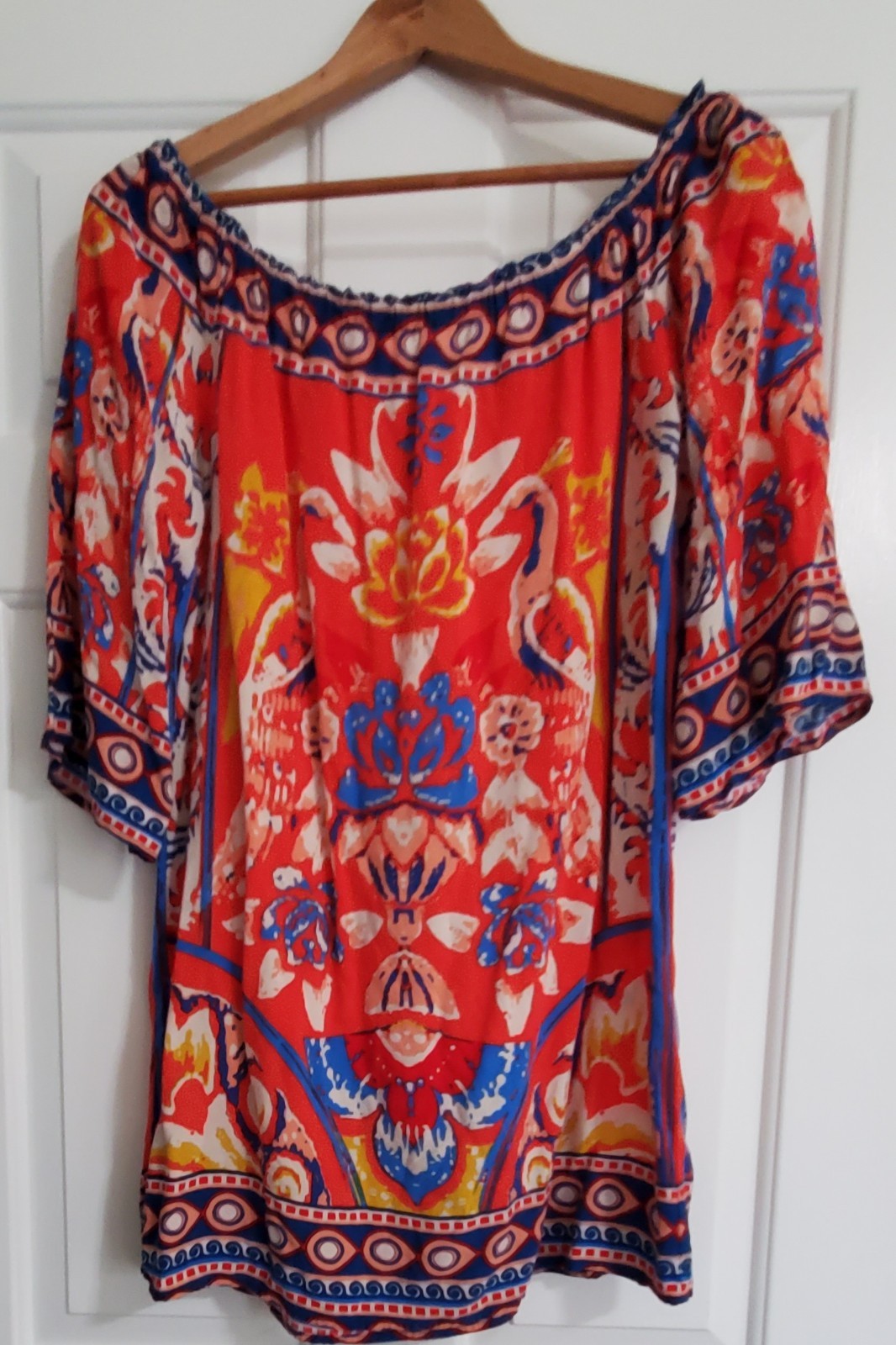 Flying Tomato Boho Off The Shoulder Shift Dress In A Vibranth Red Floral Size M