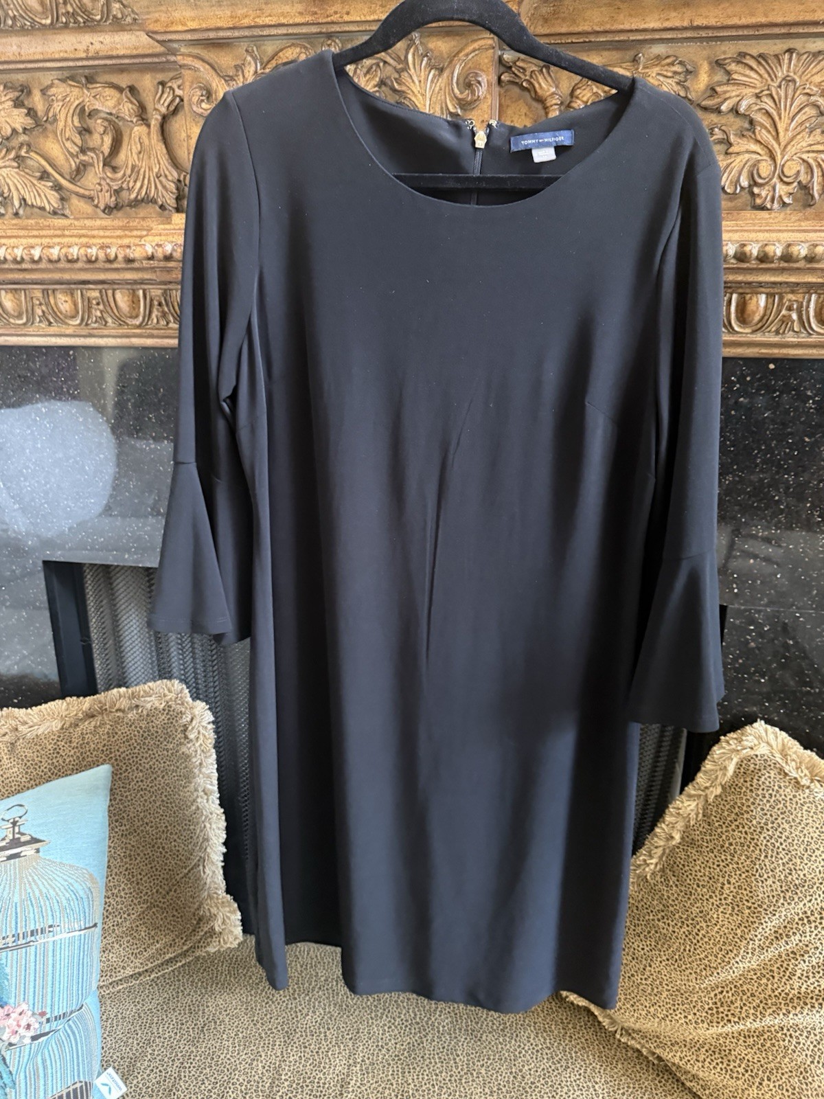 Tommy Hilfiger Black Dress With Logo Zipper Pull Long Bell Sleeves Sz 12