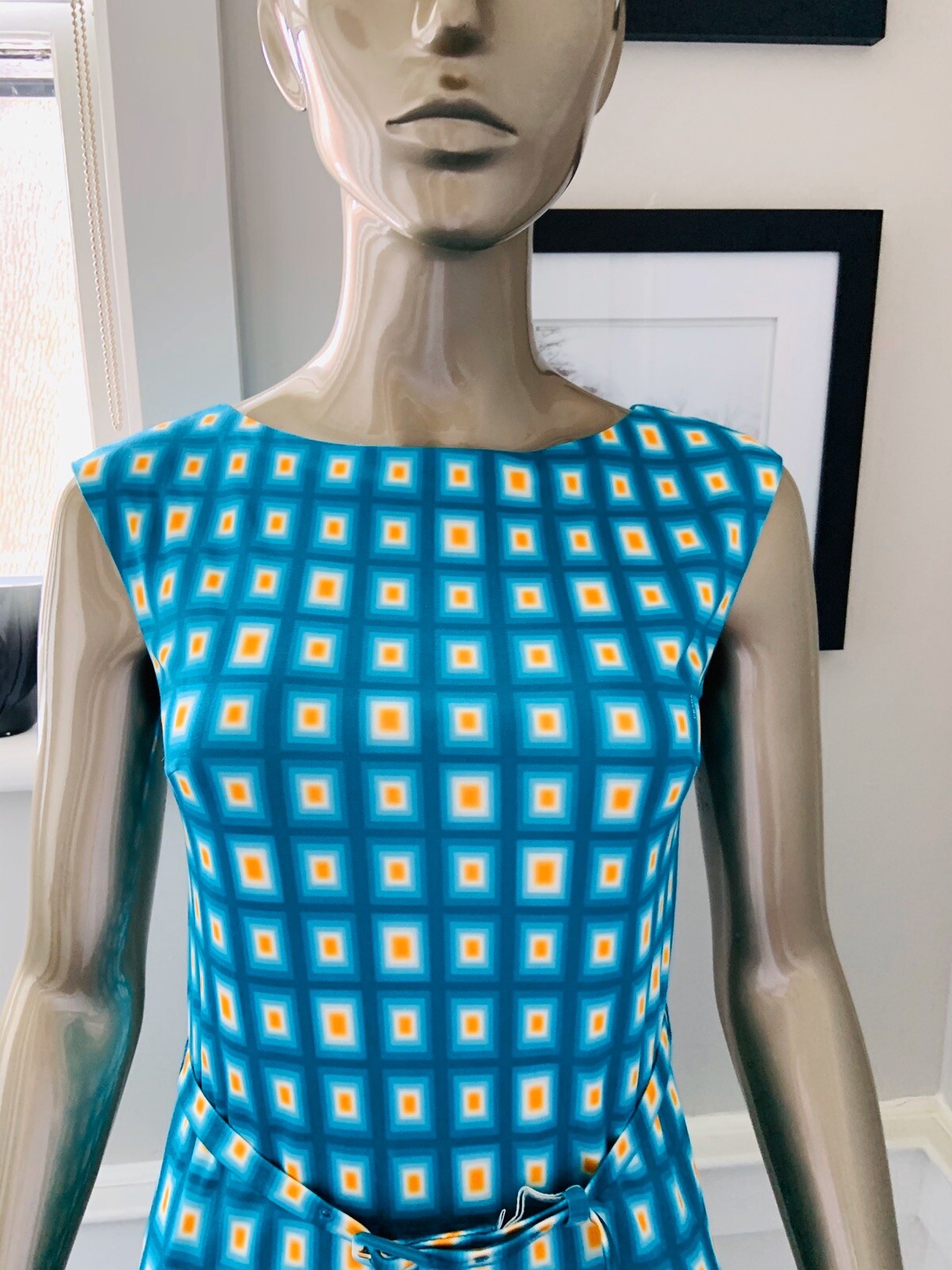 PRADA TURQUOISE YELLOW GEOMETRIC SLEEVELESS SILK DRESS LOGO 40/S CHEST 32 INCHES