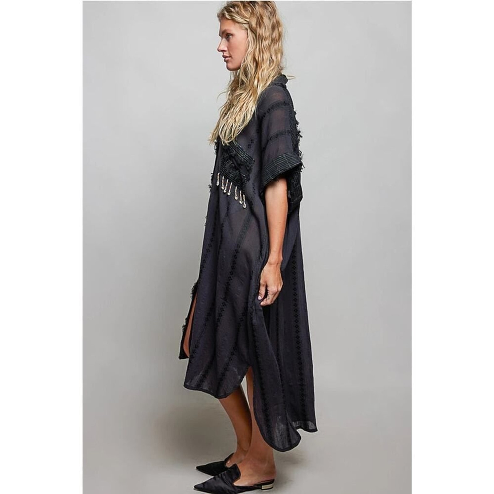 POL Dangle Trim Textured Cotton Oversized Long Shirt Dress