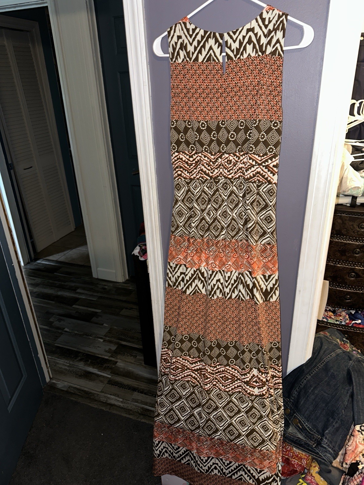 Sangria Brown Beige Orange Geometric Maxi Dress Beaded Zipper Woven 10