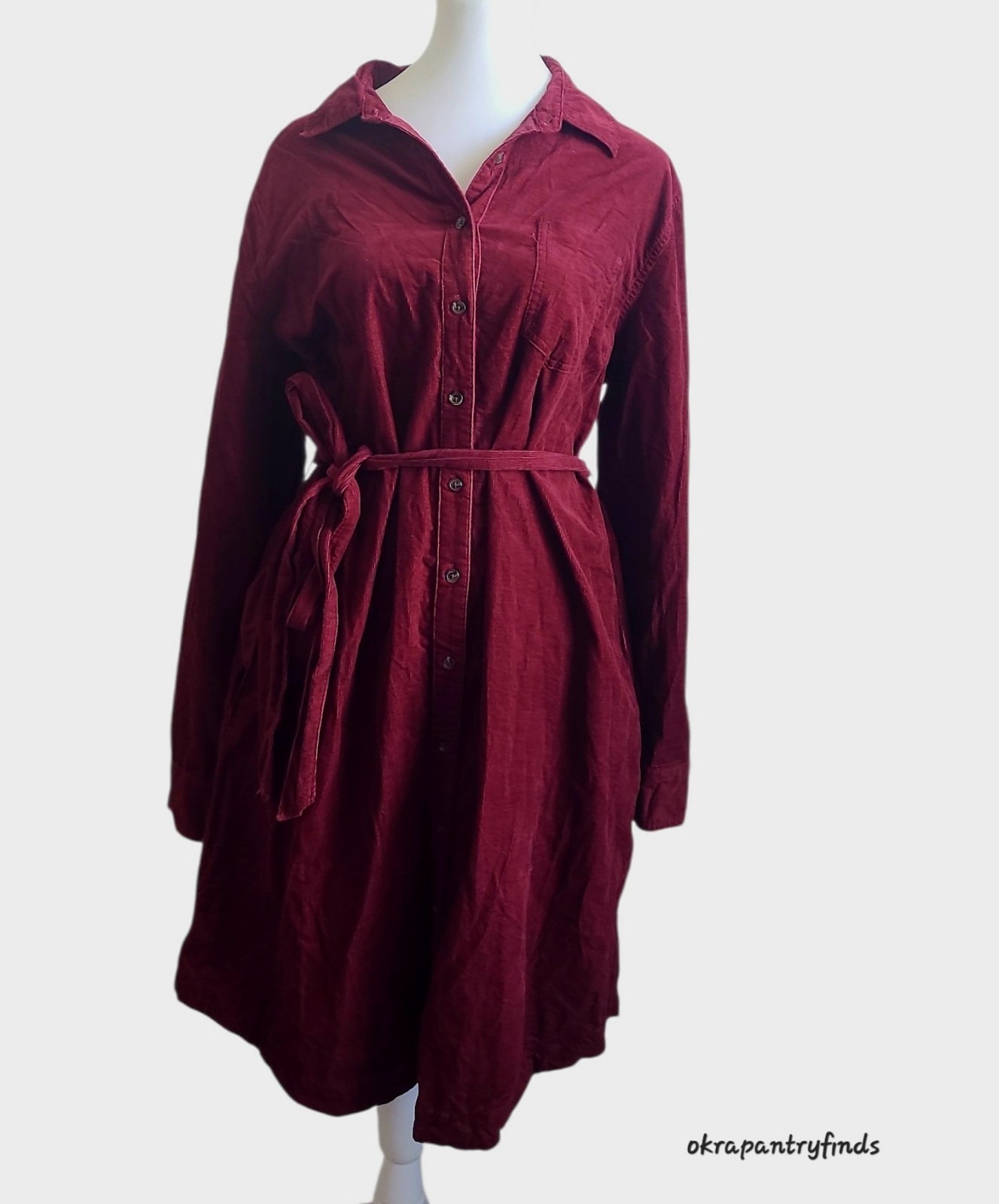 Lands End Corduroy Shirt Dress Burgundy Long Sleeve Pockets Size L