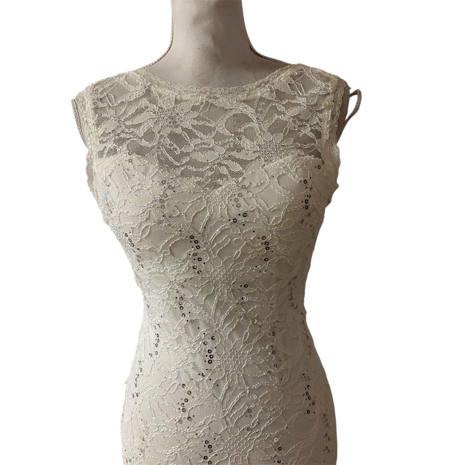 Vtg Windsor Beaded Lace Evening Mermaid Gown Sequins Backless Made In USA Sz 5/6