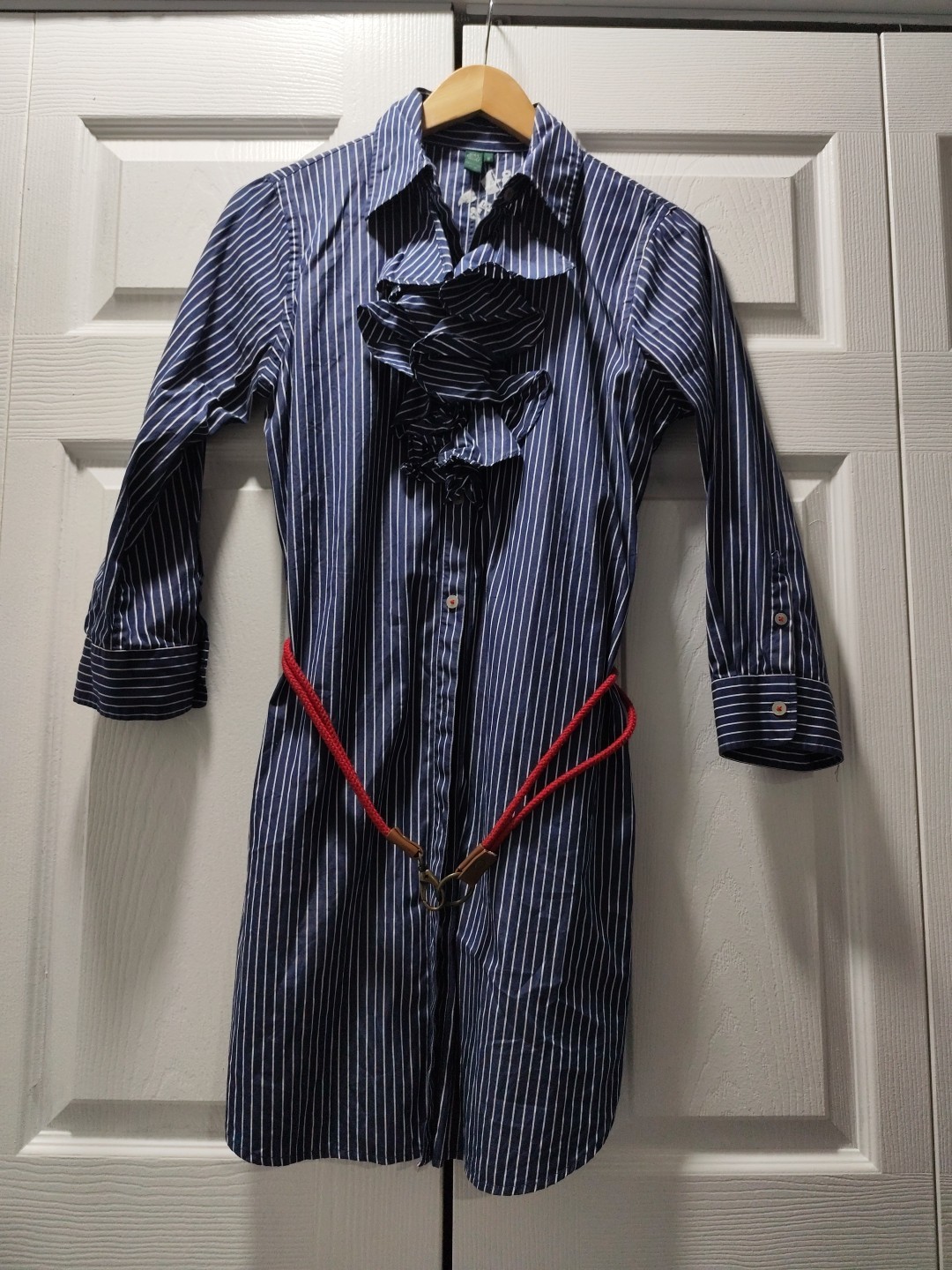 lauren jeans company Blue/White Striped Ruffle 3/4 Sleeve Shirt Dress/Tunic M
