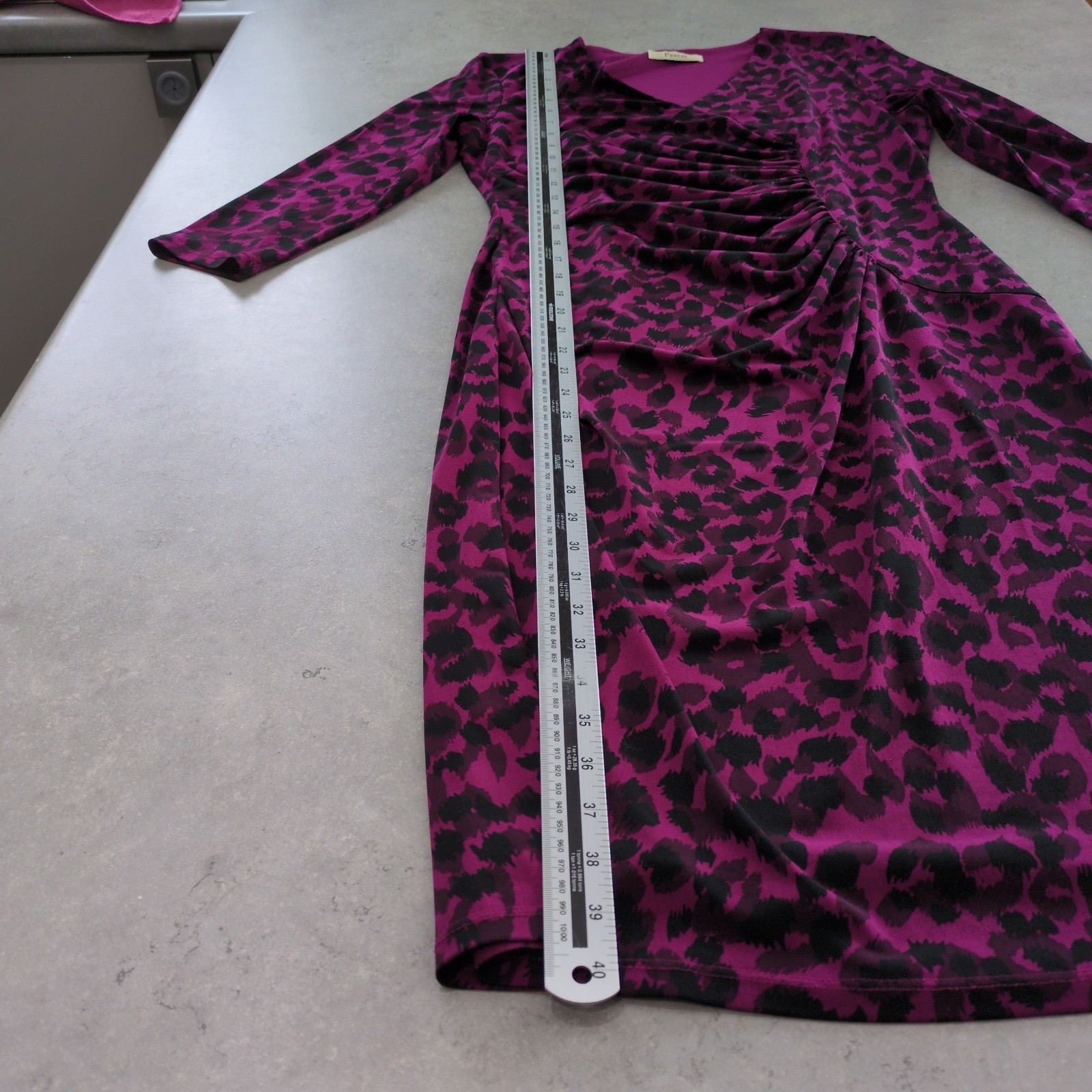 Precis Size 10 Purple Leopard Print Faux Wrap Dress 3/4 Sleeve