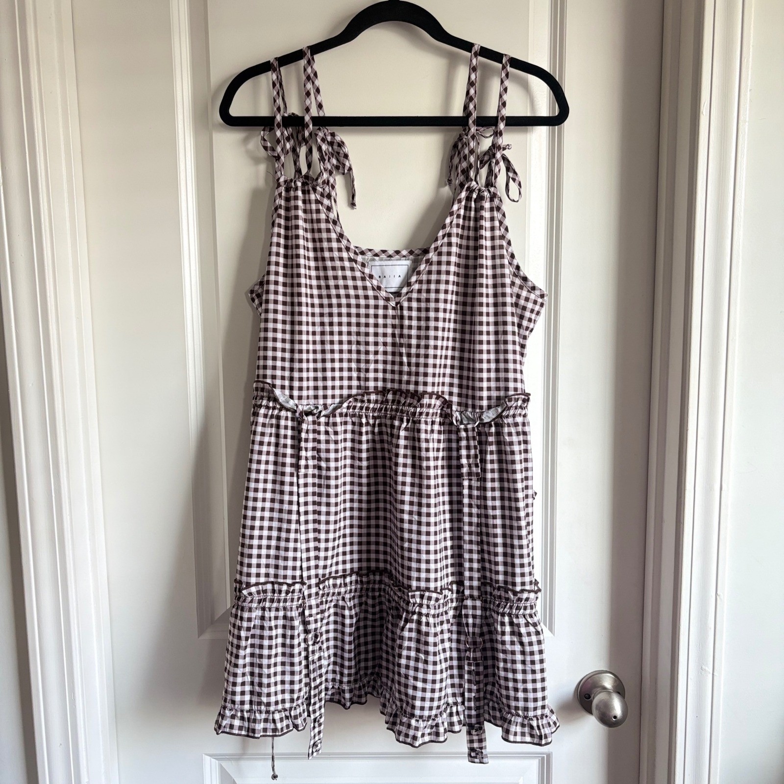NWT BAIIA Viv Multi-Way Tier Mini Babydoll Dress Convertible Brown Gingham Sz: M