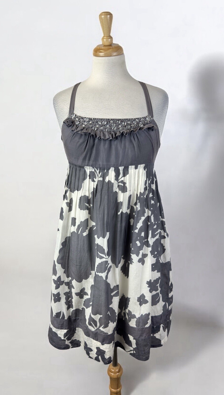 Gray White Sequin Beaded Ruffle Mini Dress Fairy Boho Hippie Y2K Formal Romantic