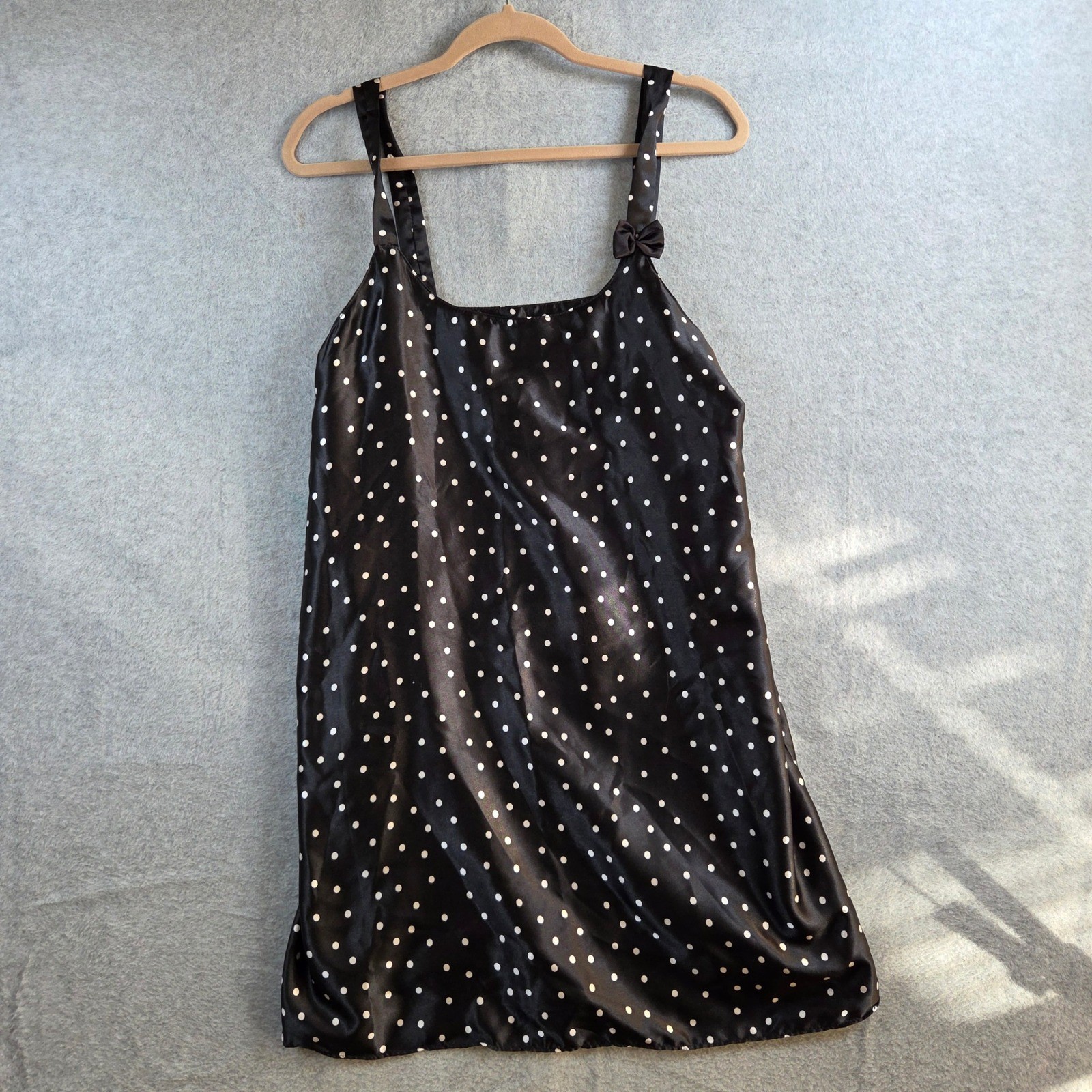 Santé Classics Slip Dress Womens L Black Polka Dot Satin Bow Accent Mini