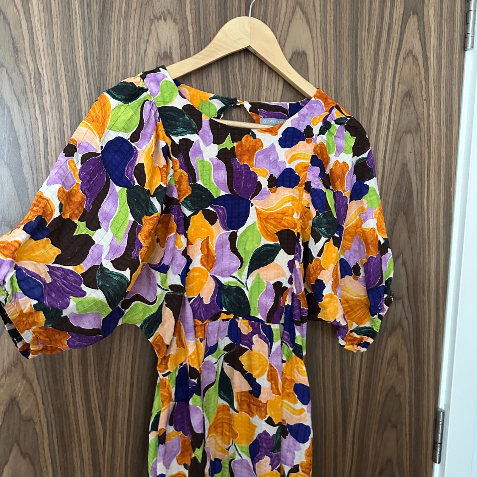 Oliver Bonas Purple Orange Abstract Petal Floral Puff Sleeve Midi Maxi Dress 10