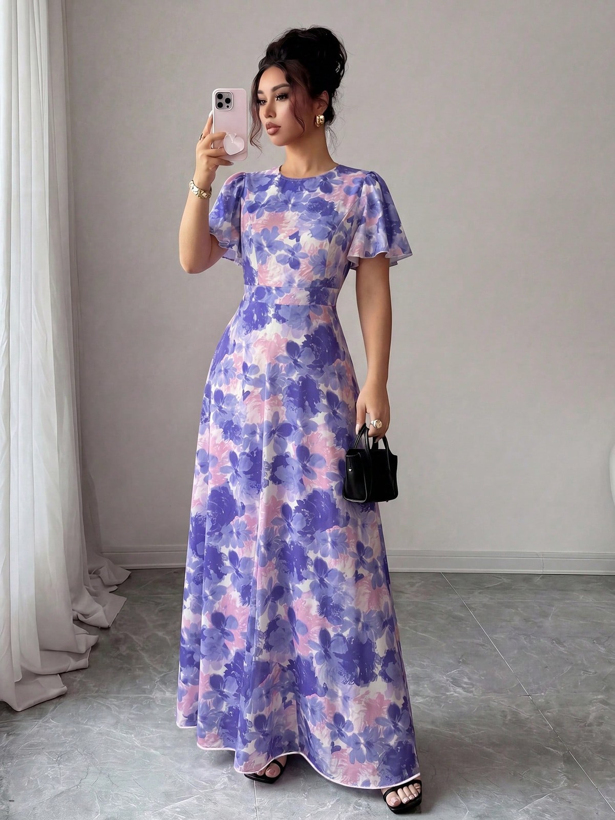 Ladies Elegant Ruffle Sleeve Round Neck Dress
