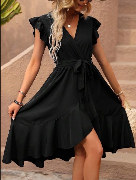 NEW! SHEIN LUNE BUTTERFLY SLEEVE RUFFLE TRIM WRAP DRESS (BLACK) 12/XL
