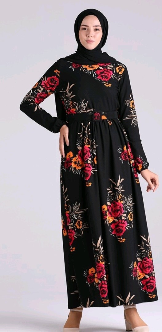 Floral Boho Maxi Dress Long Sleeve Black RoseTurkish Islamic Size 46 US 16 XL
