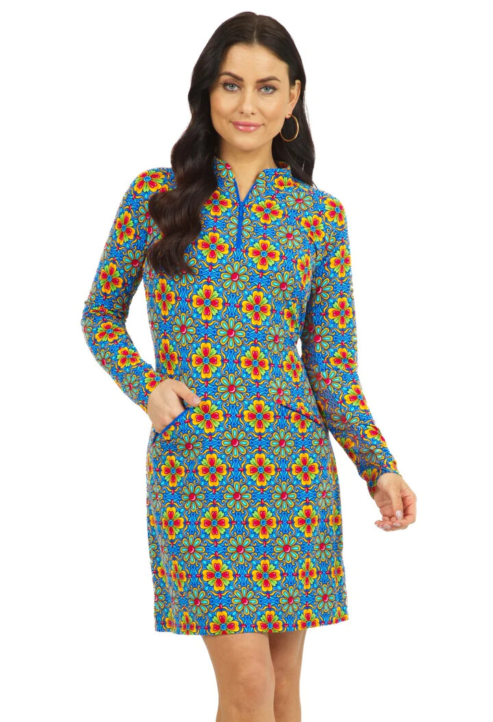 IBKUL Scarlet Mock Neck Long Sleeve Dress S M L XL Blue Multi Golf UPF 50